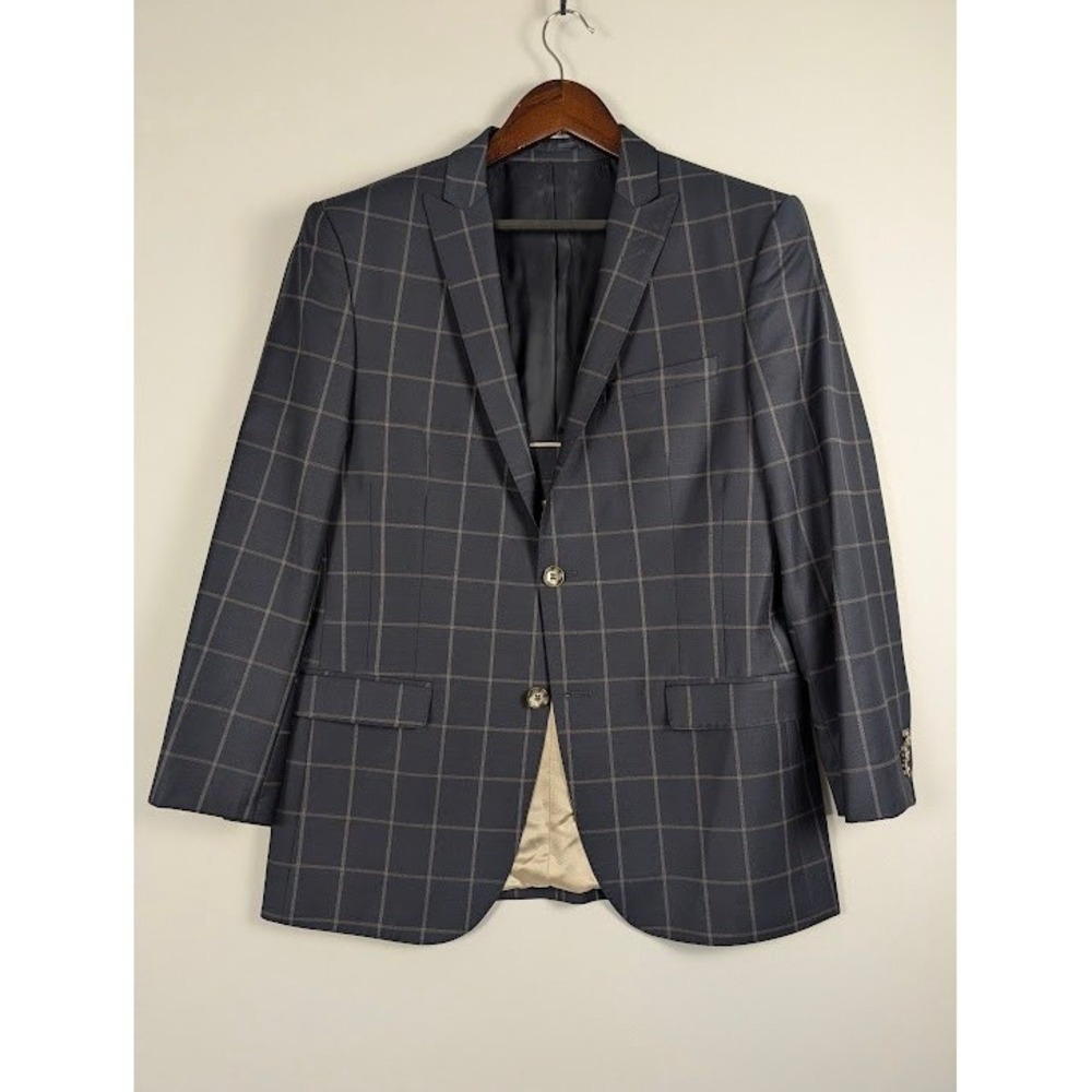 Maceoo Descarte Blazer Mens 38/2 Small Navy Blue Tan Windowpane Plaid Wool